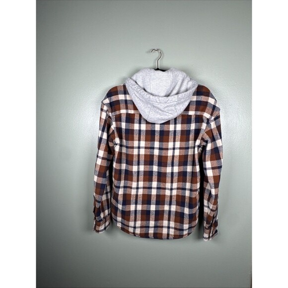 American Eagle AE Removable Hoodie Flannel Plaid Button Up Brown Blue Men's XS - Picture 3 of 11